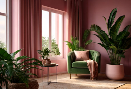 Color image stylish armchair and green house plant in interior domestic room with sunlight from window. Home composition of cozy living room with chair at pink background. Copy text spaceの素材