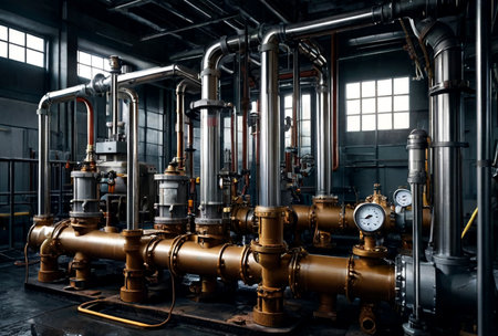 Industrial interior of water pumps, valves, pressure gauges, motors inside engine room. Industry pump in an technical room, urban modern powerful pipelines, automatic control systems. Copy spaceの素材