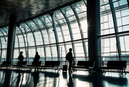 Empty waiting room with silhouette people in terminal International Airport. Wait area with seats, no passengers. Concept Air Transportation industry. Copy text spaceの素材