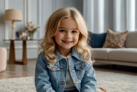 Little girl 4-5 years old blonde princess model in stylish casual clothes standing in living room looking at camera, smiling. Fashionable young lady model at home. Childhood concept. Copy text spaceの素材