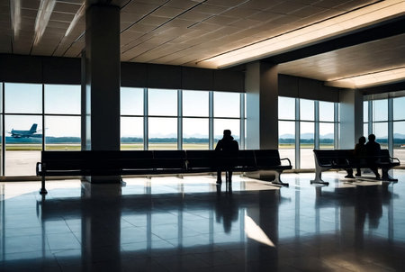 Empty waiting room with silhouette people in terminal International Airport. Wait area with seats, no passengers. Concept Air Transportation industry. Copy text spaceの素材