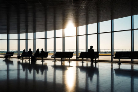 Empty waiting room with silhouette people in terminal International Airport. Wait area with seats, no passengers. Concept Air Transportation industry. Copy text spaceの素材
