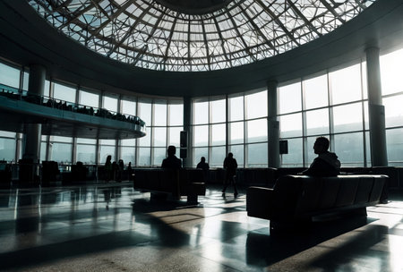 Empty waiting room with silhouette people in terminal International Airport. Wait area with seats, no passengers. Concept Air Transportation industry. Copy text spaceの素材