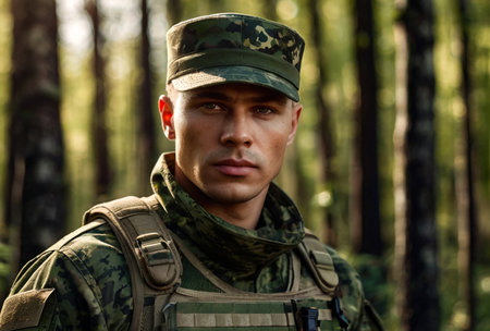 Portrait Russian soldier man dressed military camouflage uniform holds weapon in woodland at soldiers background. Male border guard in country border holding machine gun on war. Copy text spaceの素材