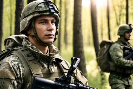 Portrait Russian soldier man dressed military camouflage uniform holds weapon in woodland at soldiers background. Male border guard in country border holding machine gun on war. Copy text spaceの素材