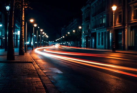 Abstract motion blur background of night street with car and street lamps. City life, lights from cityscape, style color tone. Concept of abstract stylish urban backgrounds for design. Copy spaceの素材