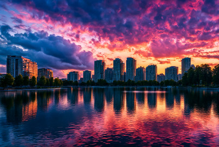Colorful sunset sky and clouds, image twilight background. Abstract nature backgrounds. Dramatic blue and orange, colorful clouds at twilight time. Copy space for siteの素材