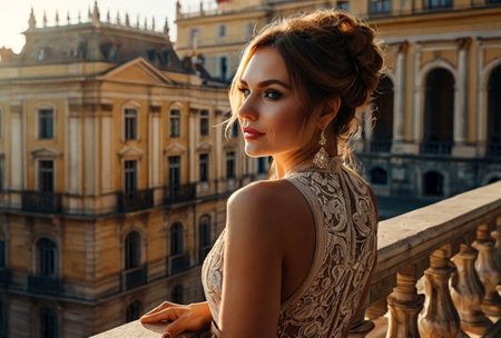 Close-up portrait stylish adults woman in dress on balcony of historical palace in city, looking away. An middle ages female in love spends weekend. Concept of romantic dates and surprises. Copy spaceの素材