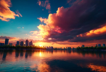 Colorful sunset sky and clouds, image twilight background. Abstract nature backgrounds. Dramatic blue and orange, colorful clouds at twilight time. Copy space for siteの素材