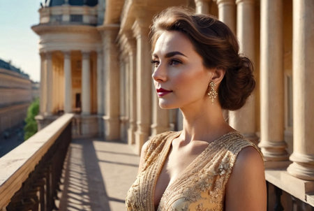 Close-up portrait stylish adults woman in dress on balcony of historical palace in city, looking away. An middle ages female in love spends weekend. Concept of romantic dates and surprises. Copy spaceの素材