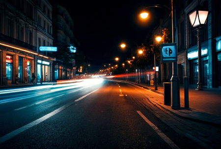 Abstract motion blur background of night street with car and street lamps. City life, lights from cityscape, style color tone. Concept of abstract stylish urban backgrounds for design. Copy spaceの素材