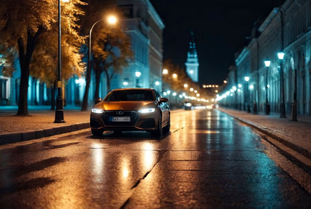 Abstract bokeh background of night street with car and street lamps. City life, defocused lights from cityscape, style color tone. Concept of abstract stylish urban backgrounds for design. Copy spaceの素材