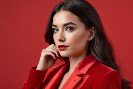 Portrait cute thinking teen girl wearing stylish red costume over red background wall looking away. Young beautiful brunette lady standing and deep of thought. Emotion concept. Copy spaceの素材