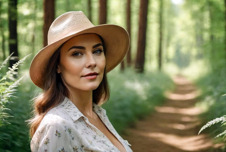 Outdoors portrait adult woman on nature walking in summer forest of dusk. Dreamer lady in wear walk evening on parkland. Positive emotion of female on park at dawnの素材