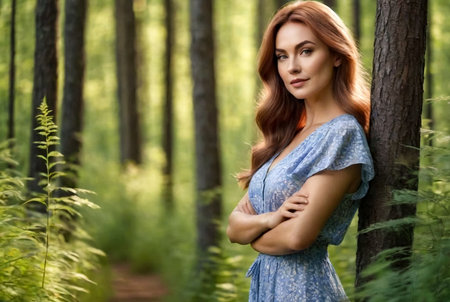 Outdoors portrait adult woman on nature walking in summer forest of dusk. Dreamer lady in wear walk evening on parkland. Positive emotion of female on park at dawnの素材