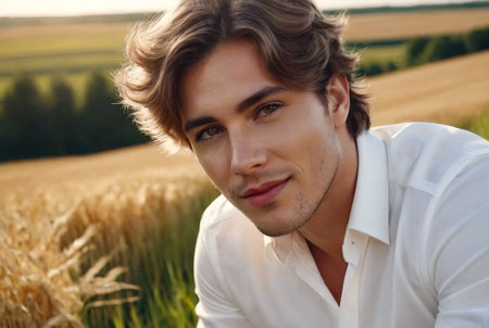 Portrait of trendy cute young businessman in outdoor rural. Attractive man in home casual clothes walking in rural country. Creative inspiration and startup business. Copy spaceの素材