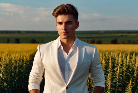 Portrait of trendy cute young businessman in outdoor rural. Attractive man in home casual clothes walking in rural country. Creative inspiration and startup business. Copy spaceの素材