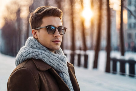Portrait of young man in casual winter clothes with glasses on walk city. An attractive teenager stands in old town looking camera serious but smiling slightly on frosty overcast day. Copy spaceの素材