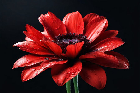 Amazing red flower with splashes of paint at black isolated background. Idyllic artistic image, wallpaper. Beauty of nature concept backgrounds. Copy ad text space. Generative Ai illustrationの素材