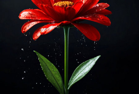 Amazing red flower with splashes of paint at black isolated background. Idyllic artistic image, wallpaper. Beauty of nature concept backgrounds. Copy ad text space. Generative Ai illustrationの素材