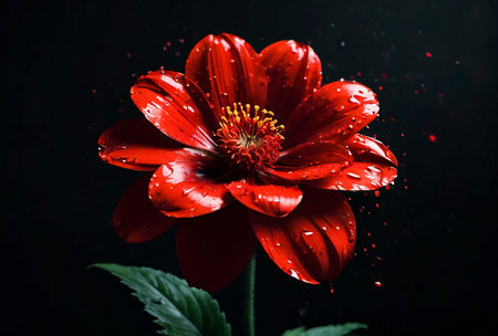 Amazing red flower with splashes of paint at black isolated background. Idyllic artistic image, wallpaper. Beauty of nature concept backgrounds. Copy ad text space. Generative Ai illustrationの素材