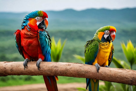 Two vibrant colorful parrots perched outdoors, showcasing on perch their colorful feathers in natural setting. Lovely color parrots on perch in nature. Tropical animal bird concept. Copy ad text spaceの素材