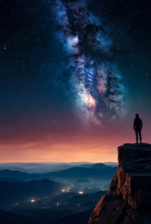 Silhouette of man standing on high rock at night sky with stars rise, nebula background. Perfect picture of night landscape. Fairy tale cosmic concept. Copy ad text space. Generative Ai illustrationの素材