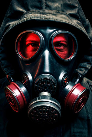 Mysterious stalker portrait in gas mask against dark background. Illustration person of in soviet old gas mask with filter red acid highlights dissolving. Radiation concept. Copy ad text space. Gen Aiの素材