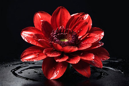 Amazing red flower with splashes of paint at black isolated background. Idyllic artistic image, wallpaper. Beauty of nature concept backgrounds. Copy ad text space. Generative Ai illustrationの素材