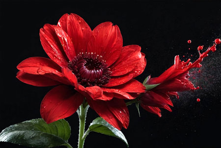 Amazing red flower with splashes of paint at black isolated background. Idyllic artistic image, wallpaper. Beauty of nature concept backgrounds. Copy ad text space. Generative Ai illustrationの素材