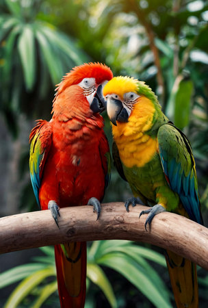 Two vibrant colorful parrots perched outdoors, showcasing on perch their colorful feathers in natural setting. Lovely color parrots on perch in nature. Tropical animal bird concept. Copy ad text spaceの素材