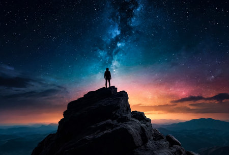 Silhouette of man standing on high rock at night sky with stars rise, nebula background. Perfect picture of night landscape. Fairy tale cosmic concept. Copy ad text space. Generative Ai illustrationの素材