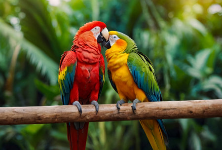Two vibrant colorful parrots perched outdoors, showcasing on perch their colorful feathers in natural setting. Lovely color parrots on perch in nature. Tropical animal bird concept. Copy ad text spaceの素材