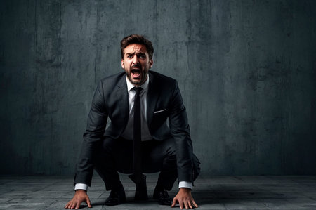 Depressed crazy man in suit depicts horror and fear on gray textured background. Gesture of person speaking speaks of fear and hysteria, it is unpleasant for him. Concept of human emotion. Copy spaceの素材