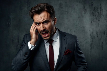 Depressed crazy man in suit depicts horror and fear on gray textured background. Gesture of person speaking speaks of fear and hysteria, it is unpleasant for him. Concept of human emotion. Copy spaceの素材