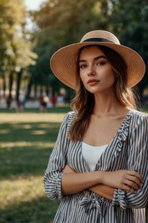 Portrait cute young woman in French style in park outdoors. Pretty female dressed in stylish clothes happy and smiling. Copy spaceの素材