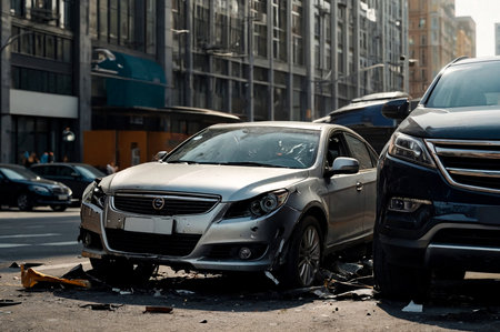 Car crash dangerous accident on urban road street. Crossover vehicle car crushing beside another one on business districtの素材