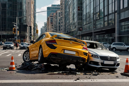 Car crash dangerous accident on urban road street. Crossover vehicle car crushing beside another one on business districtの素材