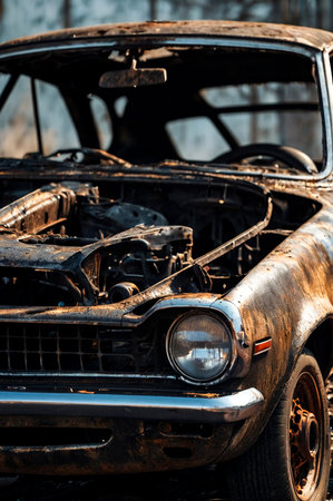 Close-up completely burnt out and carbonized car. Vehicle blown up by military shell burned abandoned automobile during war operations. Copy spaceの素材