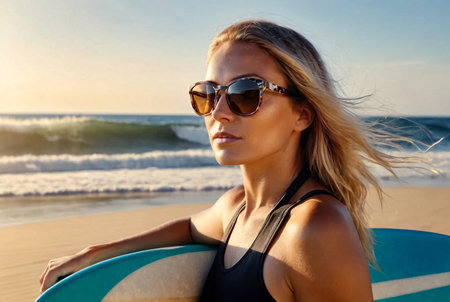 Young surfer woman in sunglasses on sandy beach stands with surf board watches sea waves. Emotions of young actived pretty female prepared to surf. Summer active healthy lifestyle. Copy spaceの素材