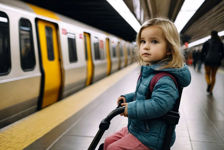 Little girl in stroller on subway underground station in public metropolitan transportation, waiting subway train and suspiciously to camera. Concept of public transport to travel and urban lifestyleの素材