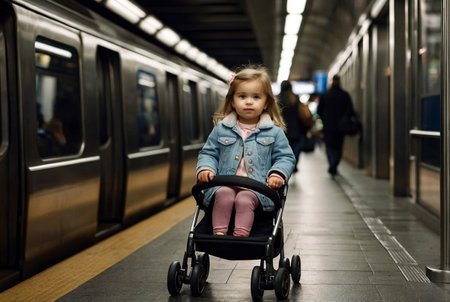 Little girl in stroller on subway underground station in public metropolitan transportation, waiting subway train and suspiciously to camera. Concept of public transport to travel and urban lifestyleの素材