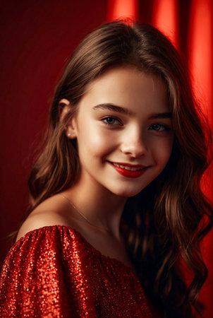 Portrait pretty positive smiling teen girl in stylish red dress over red background looking at camera. Young beautiful cute blonde lady standing and smiling. Emotion concept. Copy spaceの素材