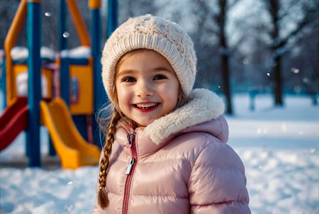 Portrait happy smiling little girl in frozen winter snowy playground in warm clothes. Cute child in bright winter clothes walking outdoors. Concept snow winter and childhood. Copy spaceの素材