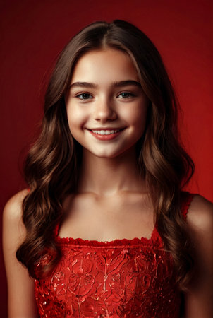 Portrait pretty positive smiling teen girl in stylish red dress over red background looking at camera. Young beautiful cute blonde lady standing and smiling. Emotion concept. Copy spaceの素材