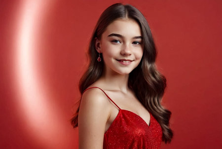 Portrait pretty positive smiling teen girl in stylish red dress over red background looking at camera. Young beautiful cute blonde lady standing and smiling. Emotion concept. Copy spaceの素材