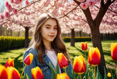 Portrait teenage girl walking in spring park with colorful tulips outdoors. Happy smiling teen in casual clothes at summer natural park in day sunshine. Caucasian student girl lifestyleの素材