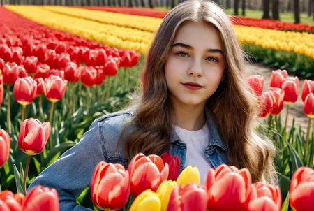 Portrait teenage girl walking in spring park with colorful tulips outdoors. Happy smiling teen in casual clothes at summer natural park in day sunshine. Caucasian student girl lifestyleの素材
