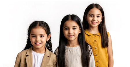 Set of children girls portraits of different ages and nationalities on empty white isolated backdrop. Collage of snapshot diverse kids posing isolated on white. Childhood emotion concept. Copy ad spaceの素材