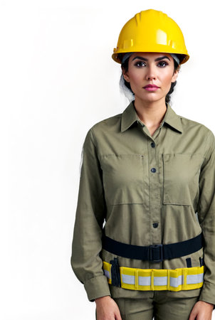 Portrait woman in industry uniform and protective helmet posing at isolated white empty background, looking at camera. Serious industrial lady worker in workwear standing in isolation. Copy text spaceの素材